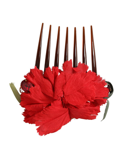 Dolce & Gabbana Red Silk Floral Gold Brass Women Hair Comb Dolce & Gabbana