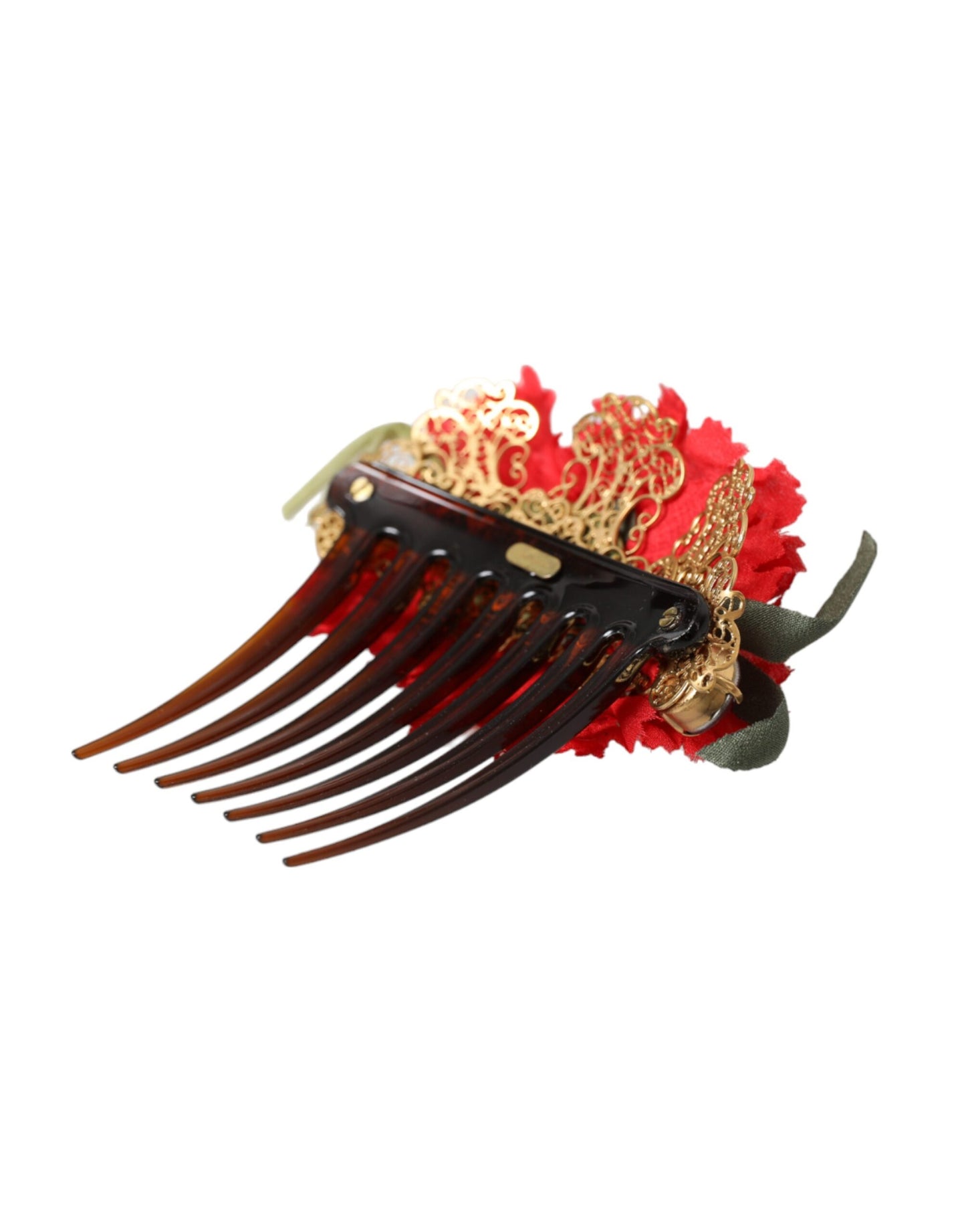 Dolce & Gabbana Red Silk Floral Gold Brass Women Hair Comb Dolce & Gabbana