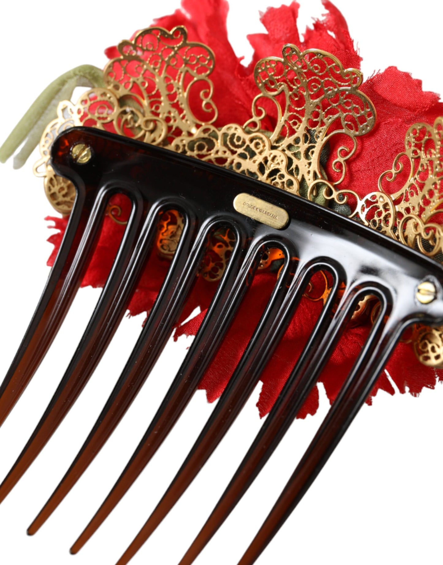 Dolce & Gabbana Red Silk Floral Gold Brass Women Hair Comb Dolce & Gabbana