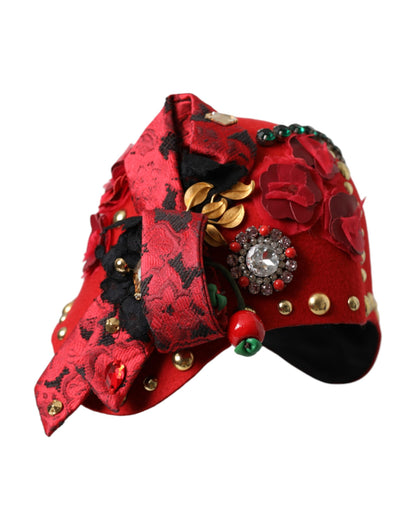 Dolce & Gabbana Red Crystal Gold Roses Brooch Embellished Hat Dolce & Gabbana