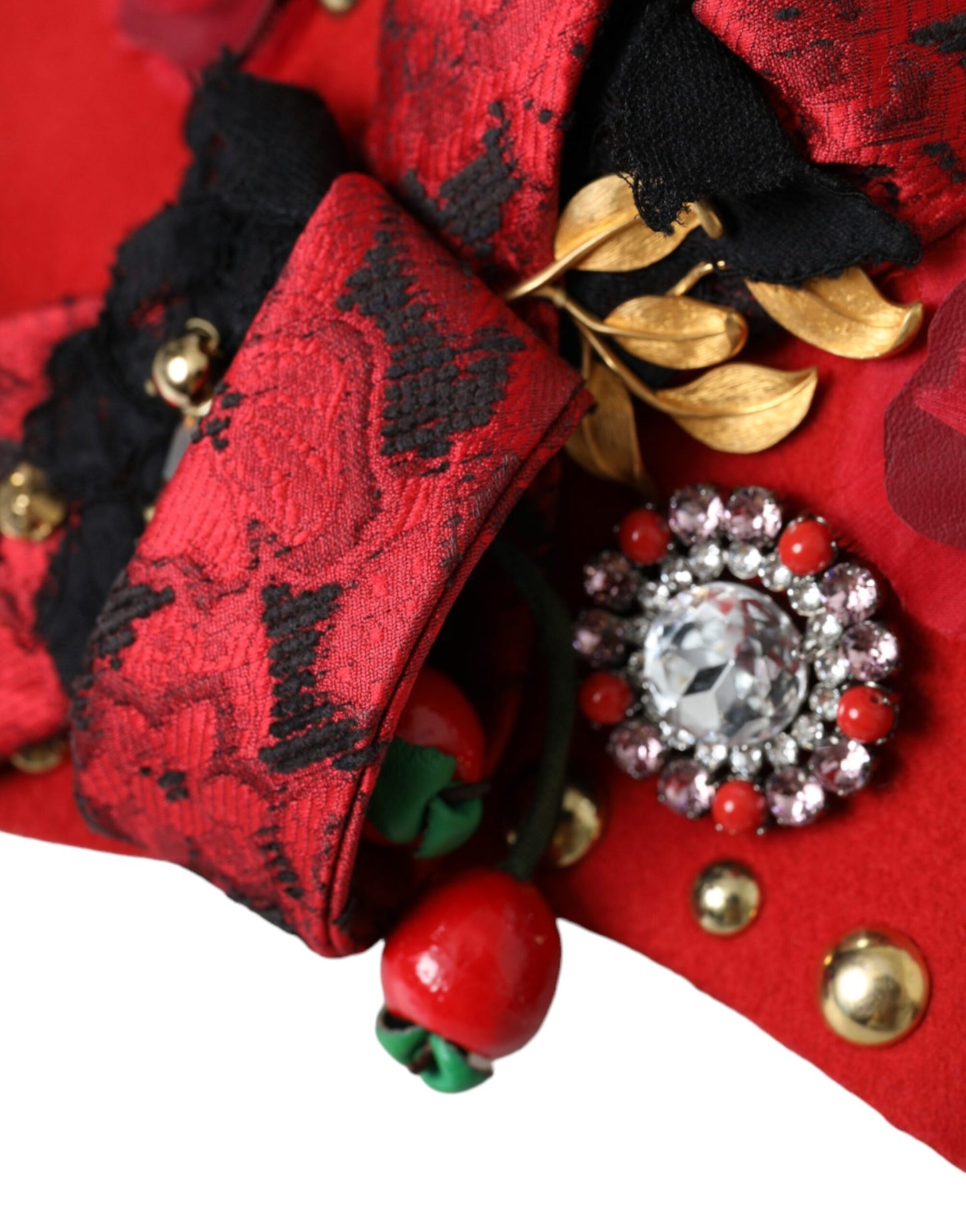 Dolce & Gabbana Red Crystal Gold Roses Brooch Embellished Hat Dolce & Gabbana