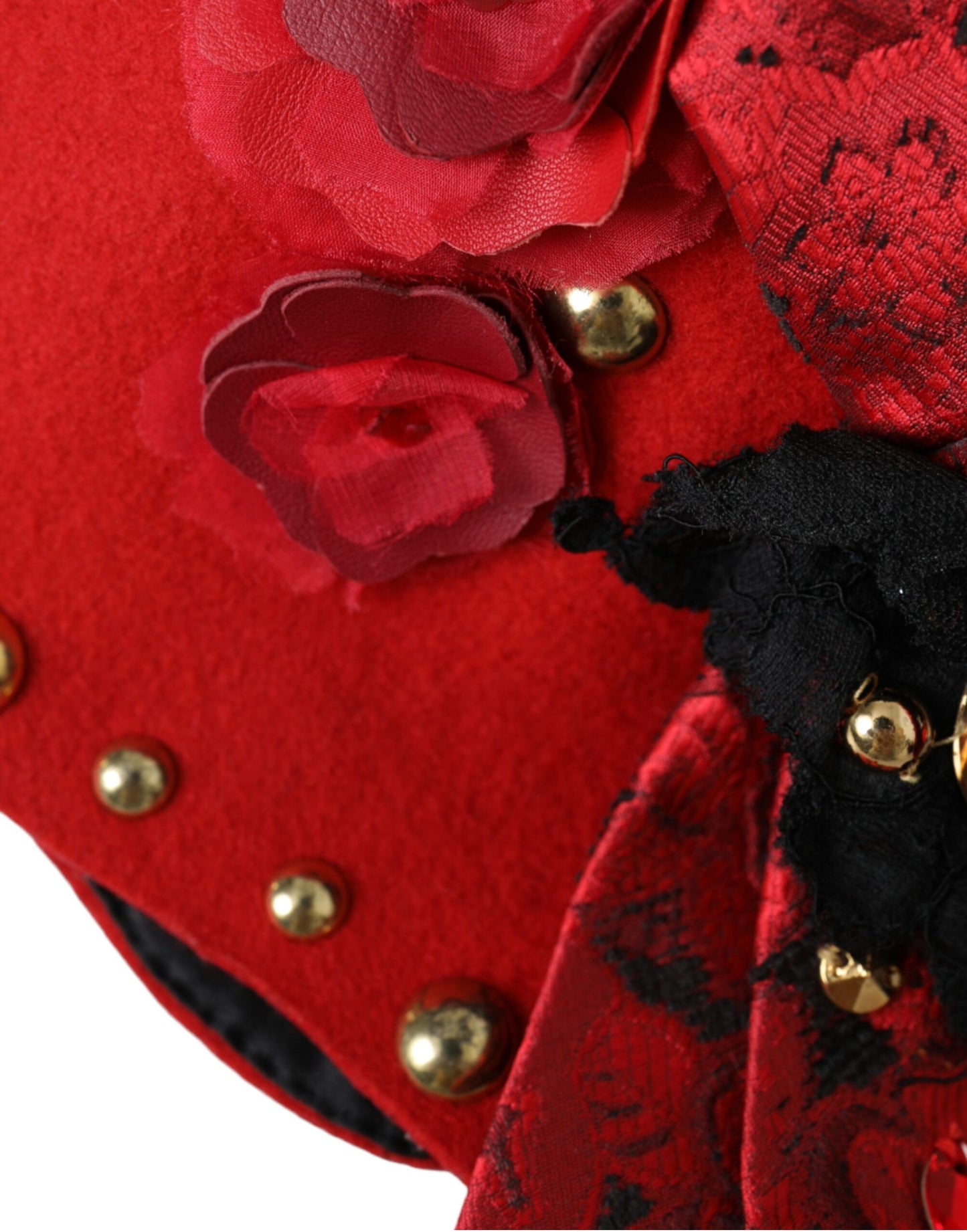 Dolce & Gabbana Red Crystal Gold Roses Brooch Embellished Hat Dolce & Gabbana