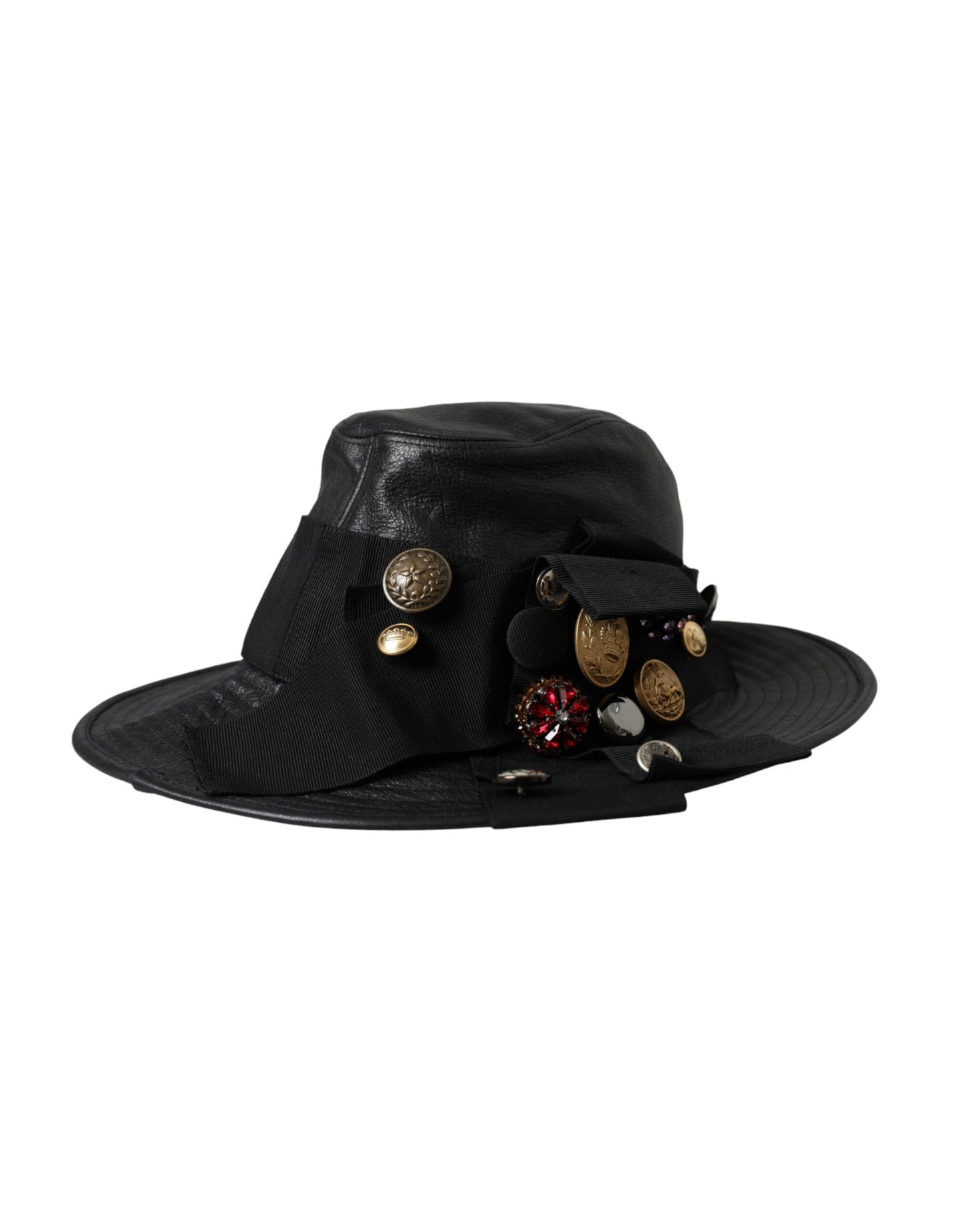 Dolce & Gabbana Black Leather DG Coin Crystal Wide Brim Hat Dolce & Gabbana