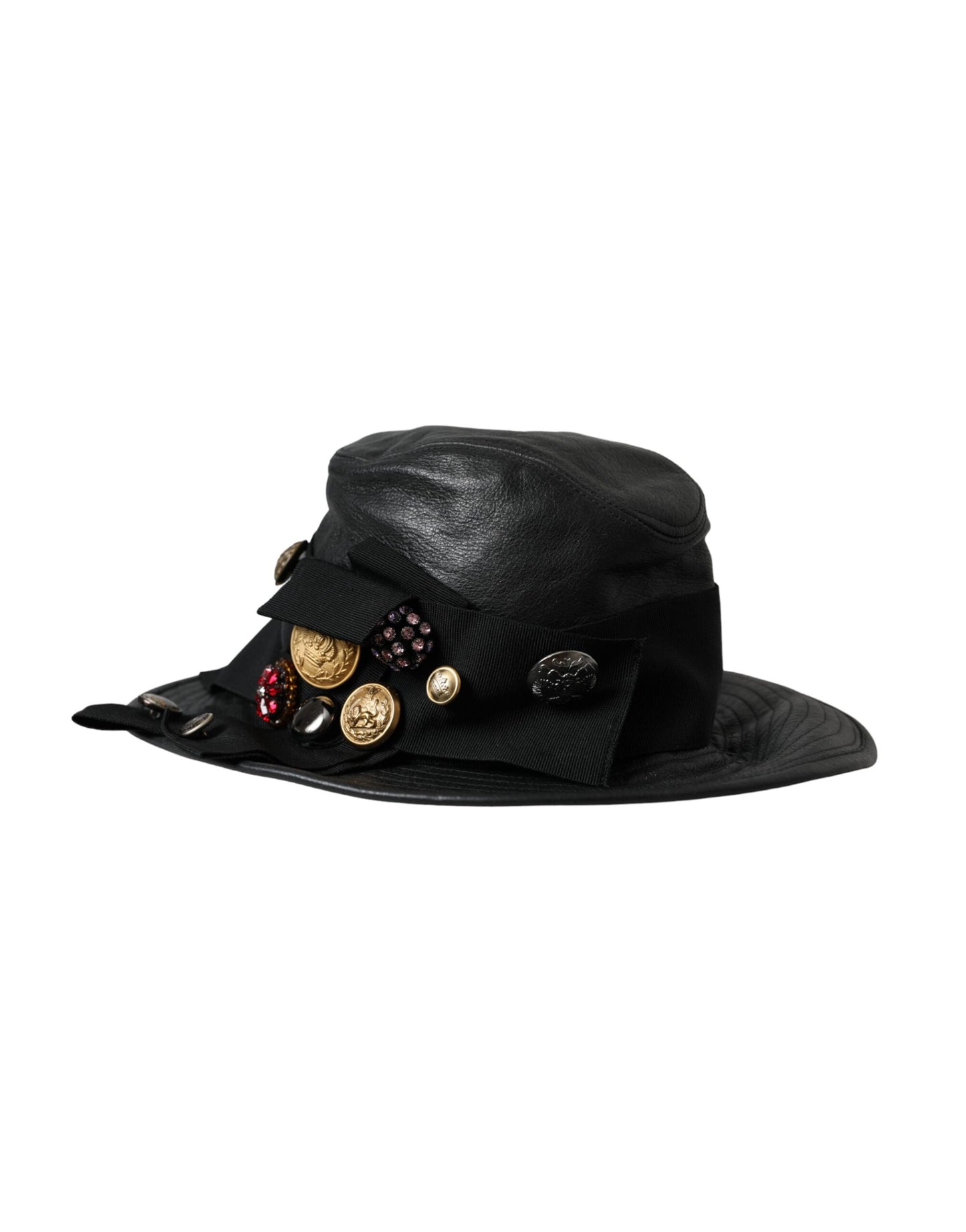 Dolce & Gabbana Black Leather DG Coin Crystal Wide Brim Hat Dolce & Gabbana