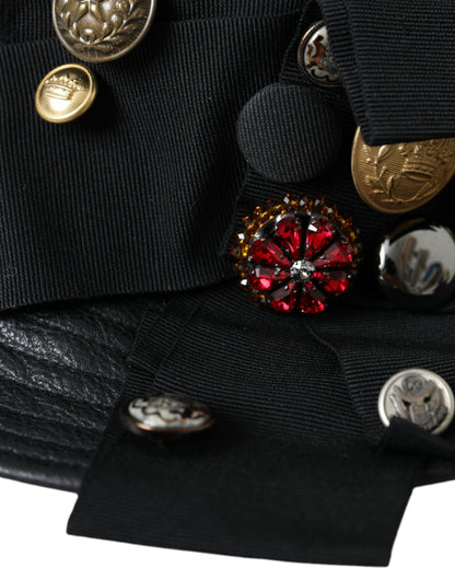 Dolce & Gabbana Black Leather DG Coin Crystal Wide Brim Hat Dolce & Gabbana