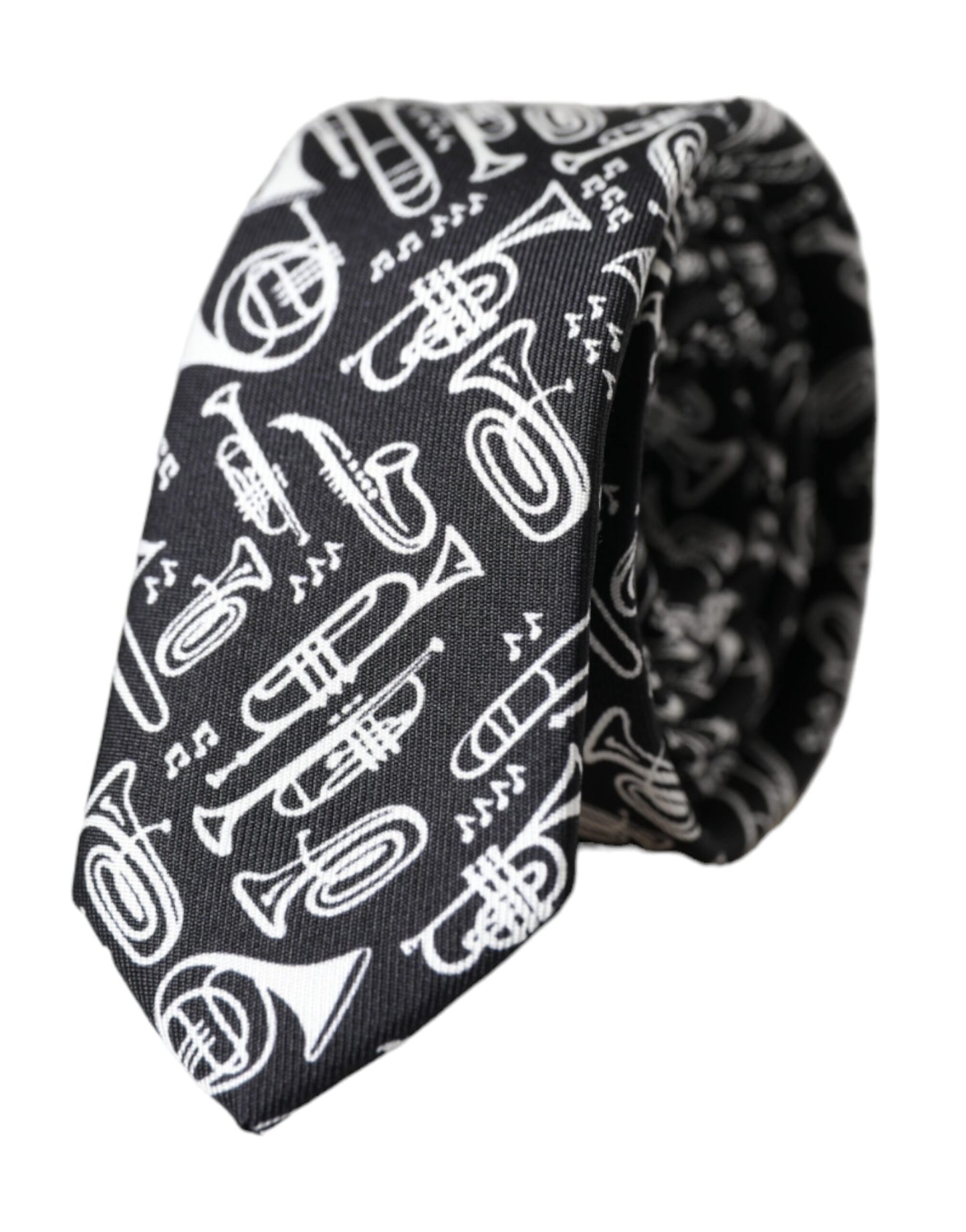 Dolce & Gabbana Black Trumpet Print Silk Adjustable Tie Dolce & Gabbana