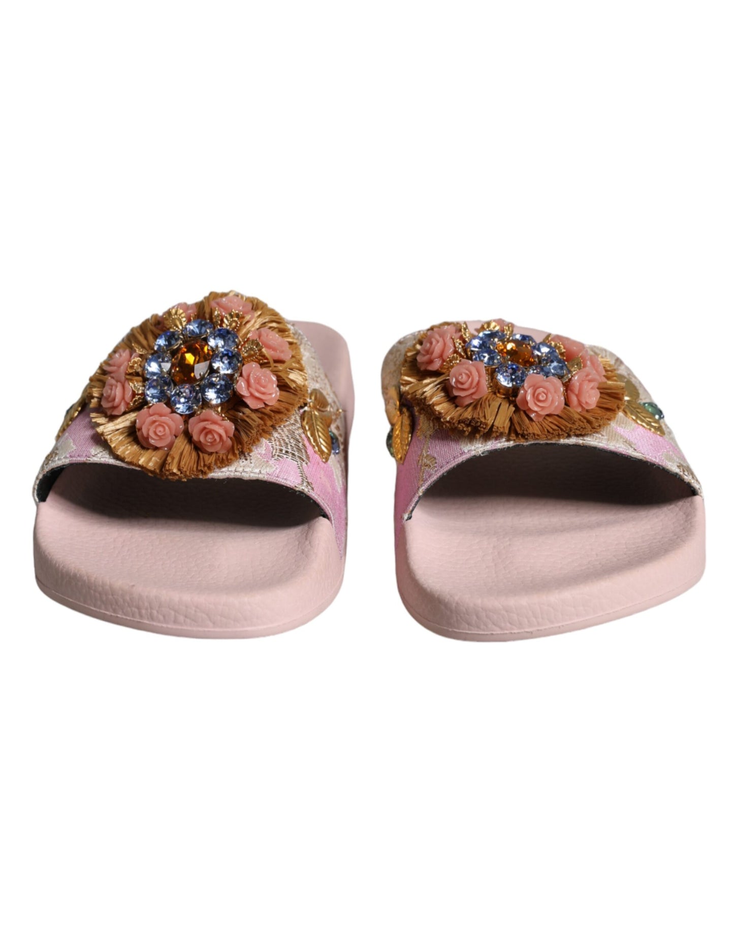 Dolce & Gabbana Pink Brocade Crystal Sandals Slides Beachwear Shoes Dolce & Gabbana