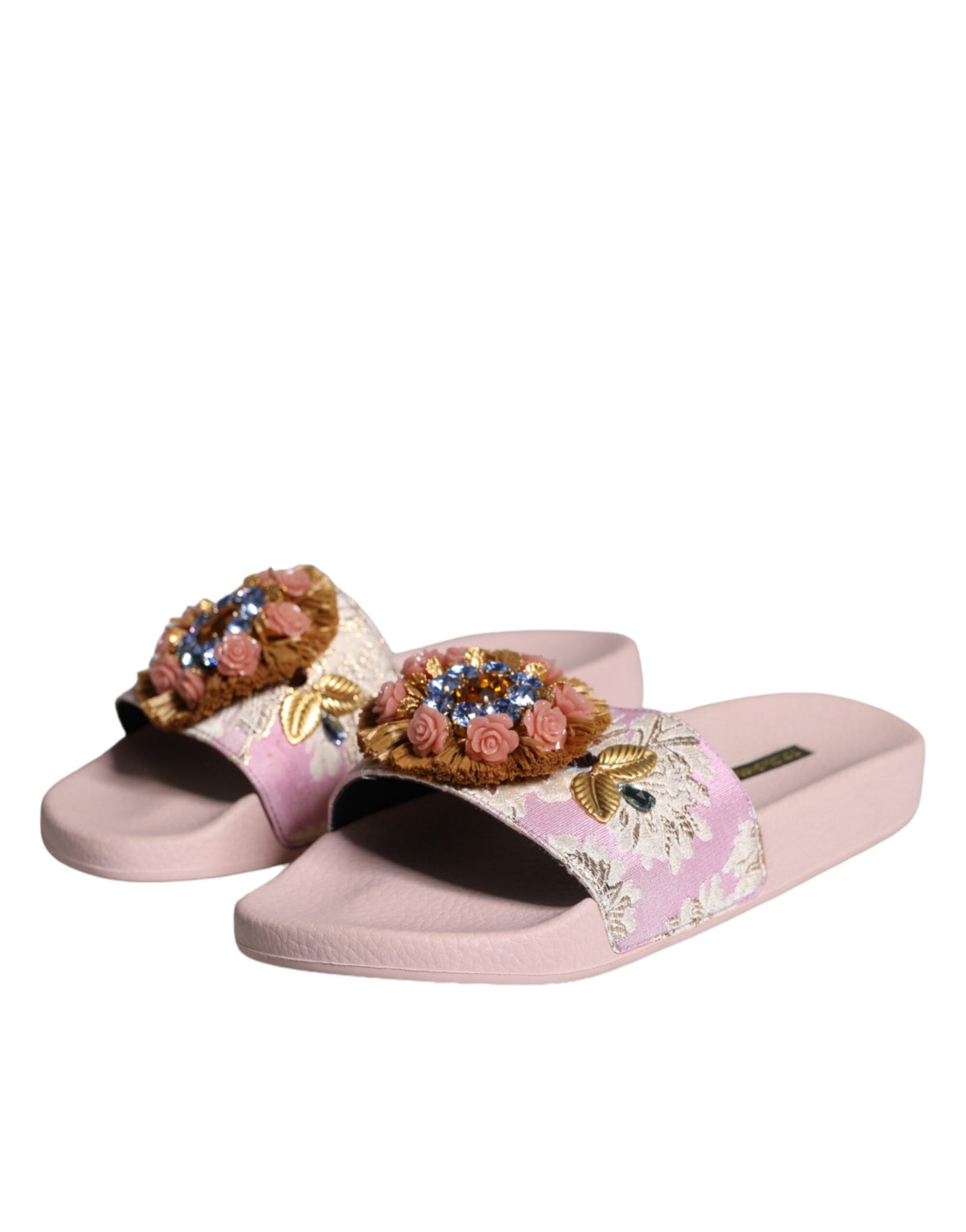 Dolce & Gabbana Pink Brocade Crystal Sandals Slides Beachwear Shoes Dolce & Gabbana