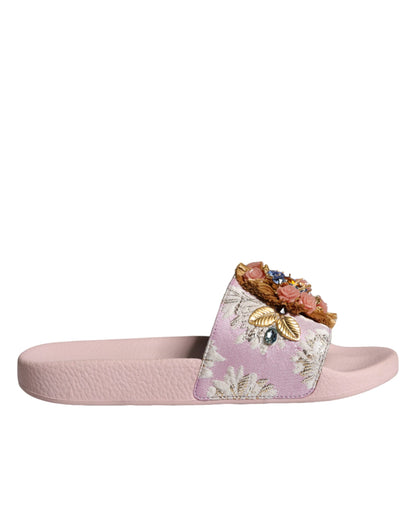 Dolce & Gabbana Pink Brocade Crystal Sandals Slides Beachwear Shoes Dolce & Gabbana