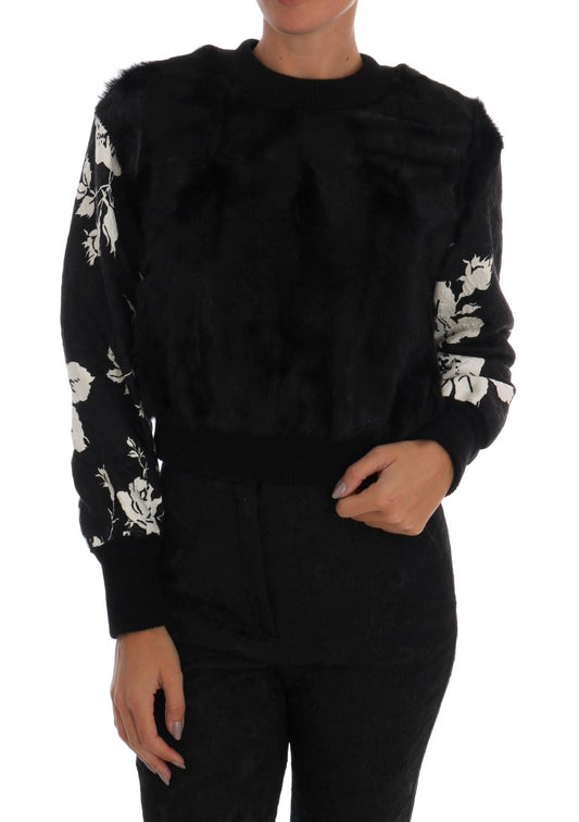 Dolce & Gabbana Floral Brocade Black Fur Sweater Dolce & Gabbana