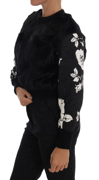 Dolce & Gabbana Floral Brocade Black Fur Sweater Dolce & Gabbana