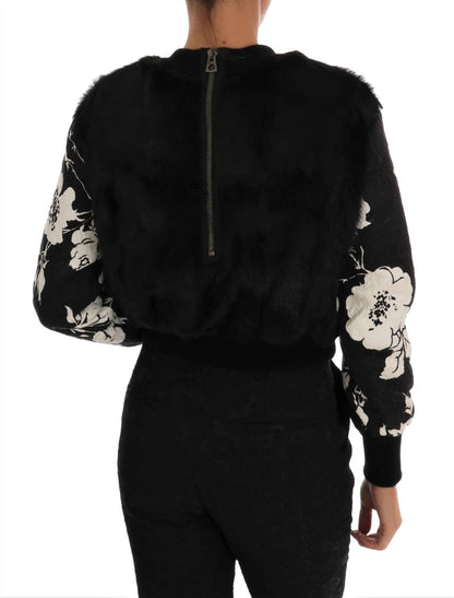 Dolce & Gabbana Floral Brocade Black Fur Sweater Dolce & Gabbana