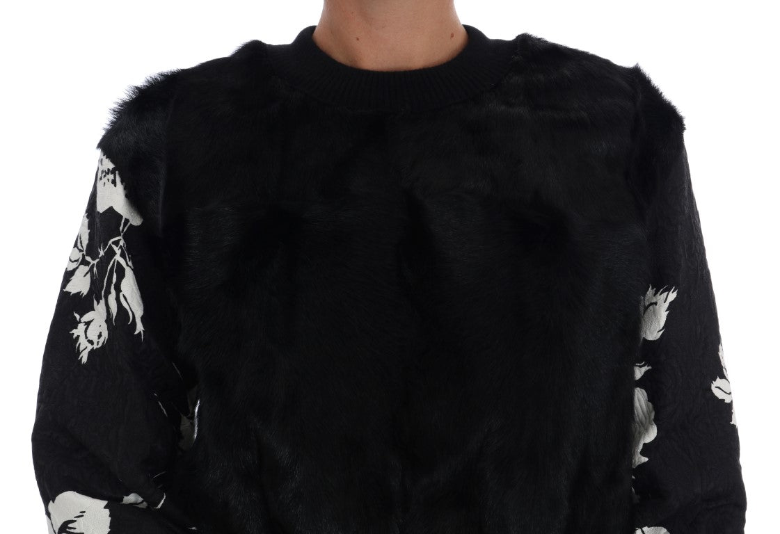 Dolce & Gabbana Floral Brocade Black Fur Sweater Dolce & Gabbana