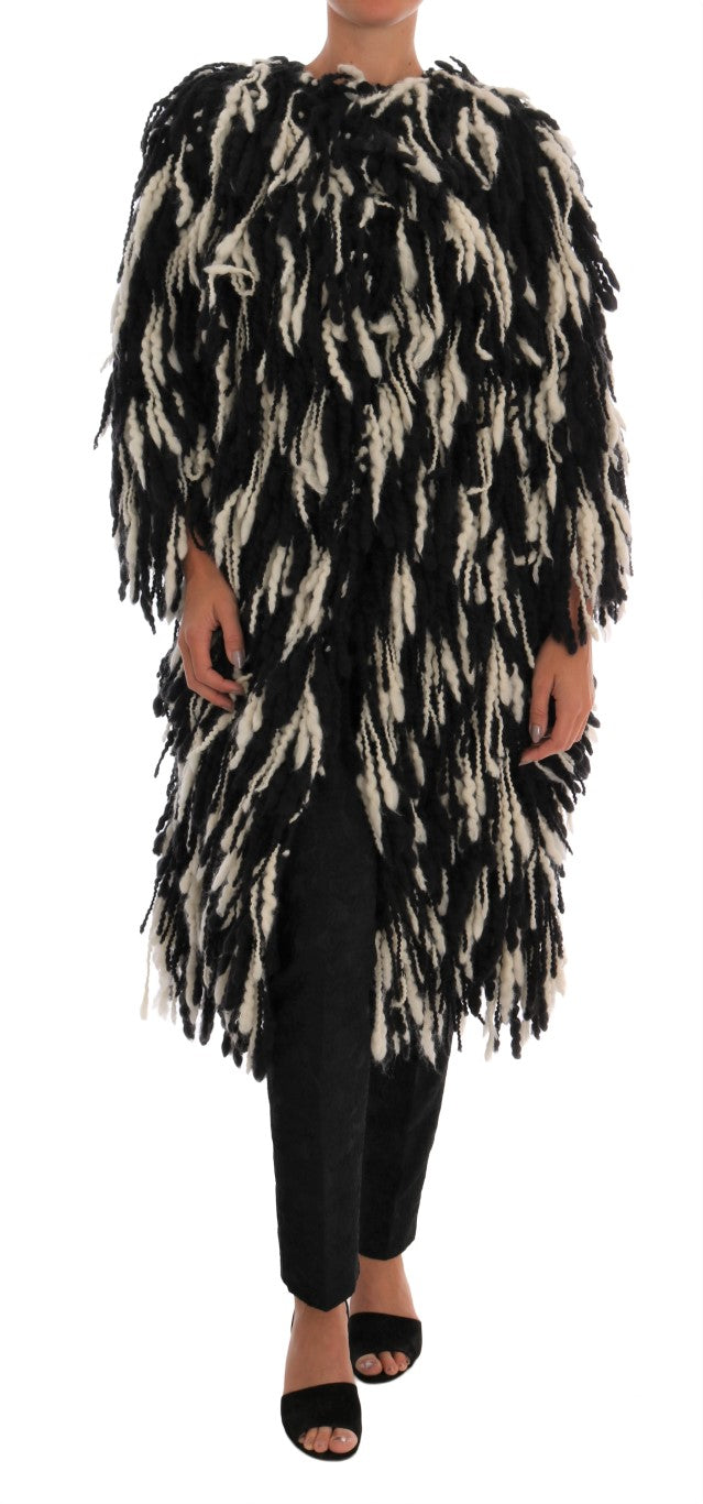 Dolce & Gabbana Black and White Fringed Wool Coat Jacket Dolce & Gabbana