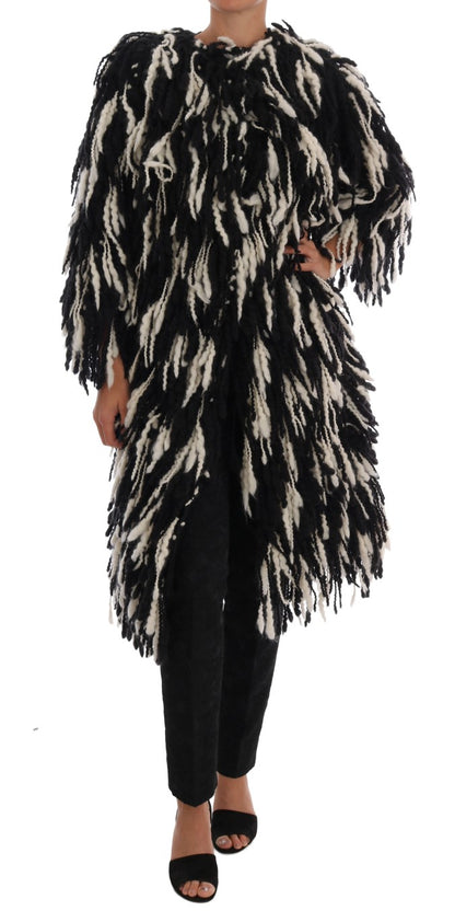 Dolce & Gabbana Black and White Fringed Wool Coat Jacket Dolce & Gabbana