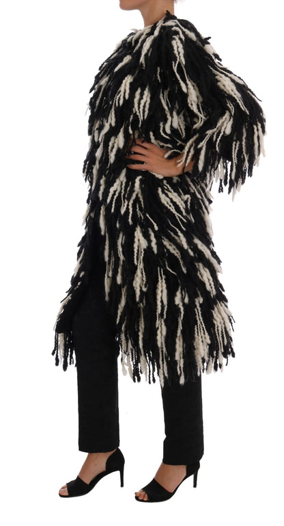 Dolce & Gabbana Black and White Fringed Wool Coat Jacket Dolce & Gabbana