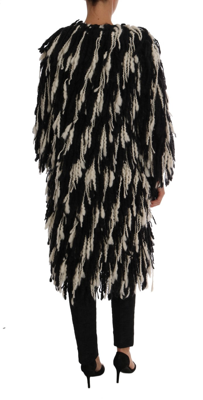 Dolce & Gabbana Black and White Fringed Wool Coat Jacket Dolce & Gabbana