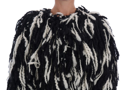 Dolce & Gabbana Black and White Fringed Wool Coat Jacket Dolce & Gabbana