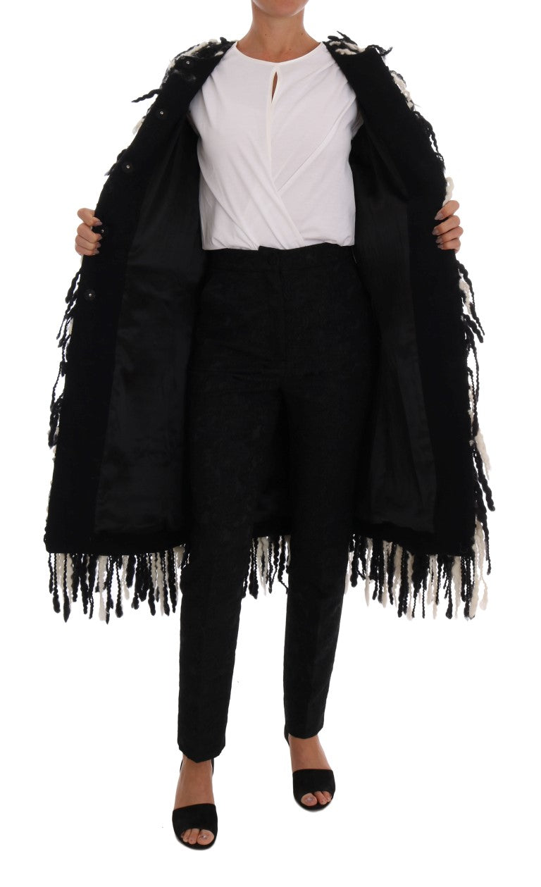 Dolce & Gabbana Black and White Fringed Wool Coat Jacket Dolce & Gabbana