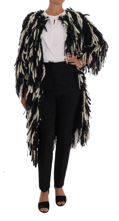 Dolce & Gabbana Black and White Fringed Wool Coat Jacket Dolce & Gabbana