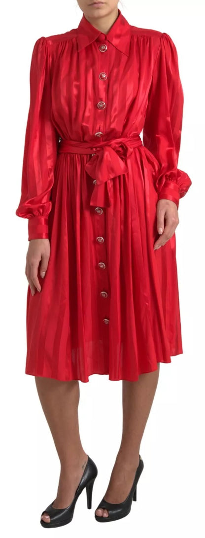 Dolce & Gabbana Elegant Red Silk Midi Dress with Button Detail Dolce & Gabbana