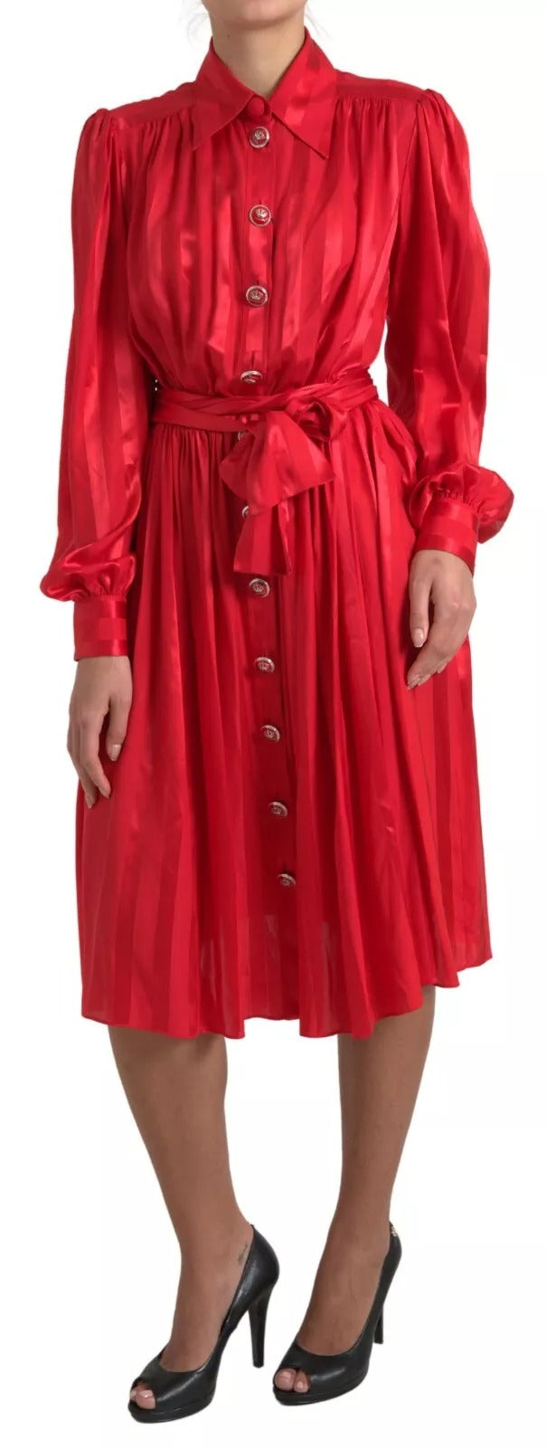 Dolce & Gabbana Elegant Red Silk Midi Dress with Button Detail Dolce & Gabbana