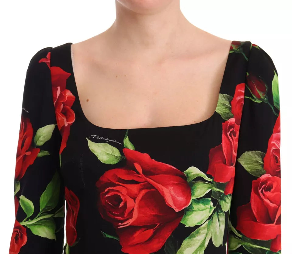 Dolce & Gabbana Black Red Roses Sheath Silk Stretch Dress Dolce & Gabbana