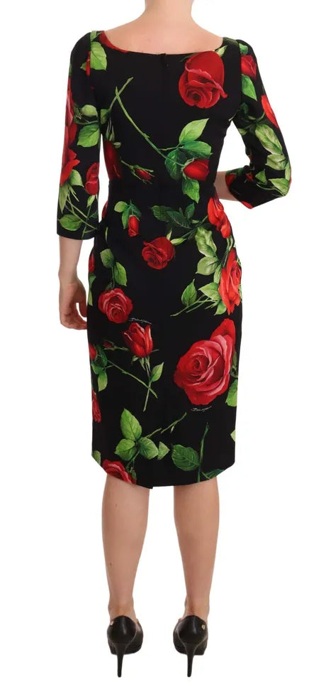 Dolce & Gabbana Black Red Roses Sheath Silk Stretch Dress Dolce & Gabbana