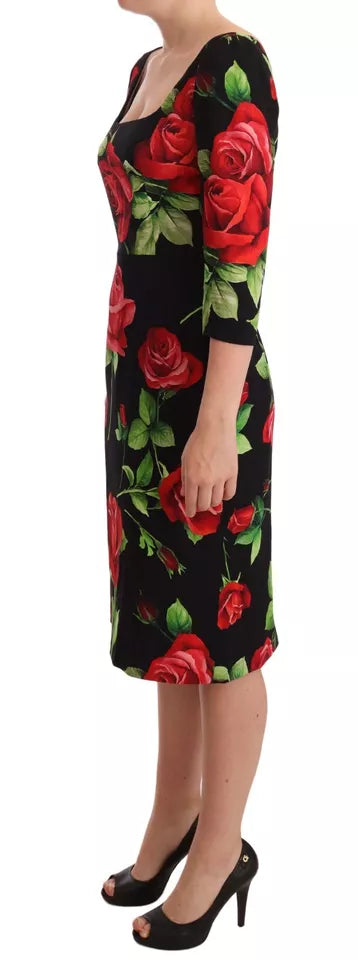 Dolce & Gabbana Black Red Roses Sheath Silk Stretch Dress Dolce & Gabbana