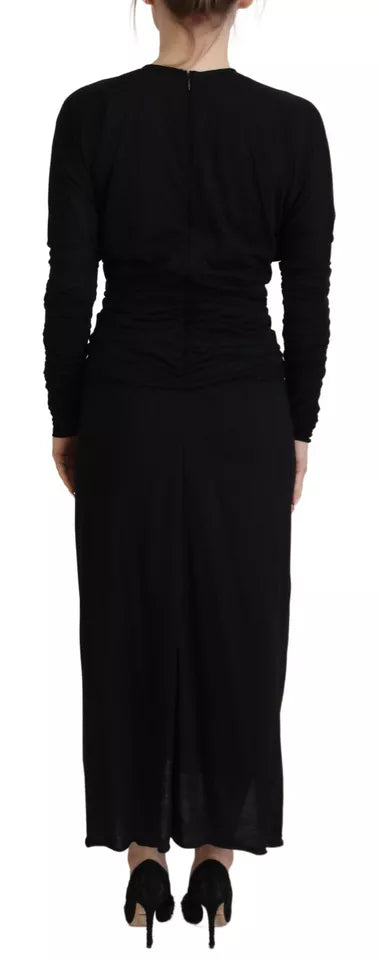 Dolce & Gabbana Black Sheath Midi Gown Wool Wrap Dress Dolce & Gabbana