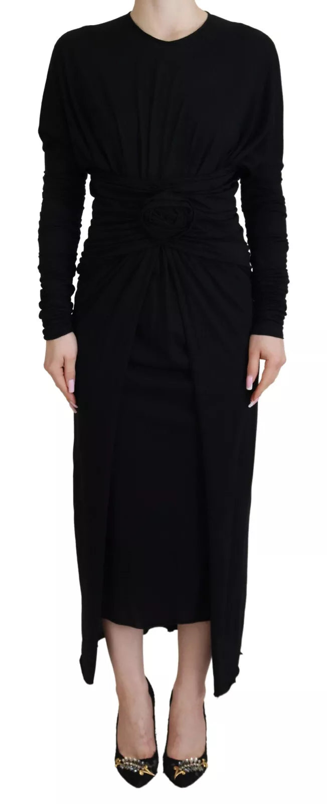 Dolce & Gabbana Black Sheath Midi Gown Wool Wrap Dress Dolce & Gabbana