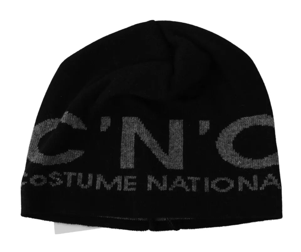 Costume National Black Wool Blend Branded Beanie Hat Costume National