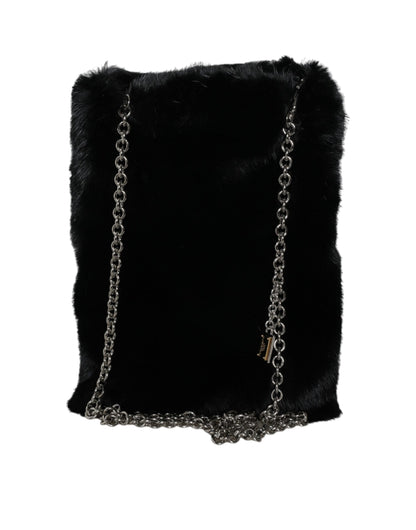 Dolce & Gabbana Black Faux Fur Silver Chain Crossbody Shoulder Purse Bag Dolce & Gabbana