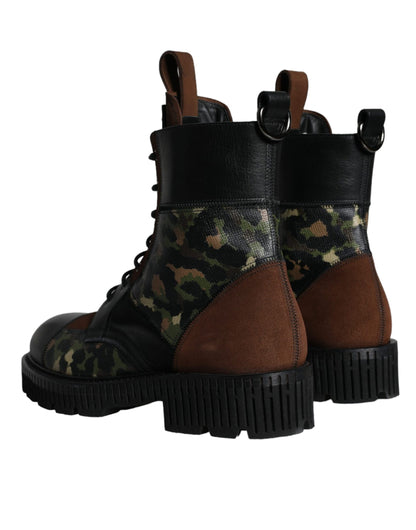 Dolce & Gabbana Brown Suede Camouflage Leather Combat Boots Shoes Dolce & Gabbana