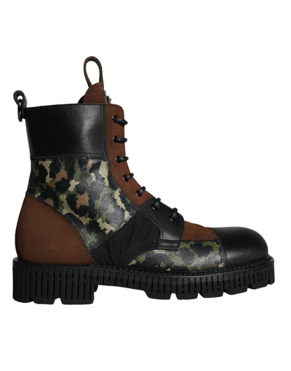 Dolce & Gabbana Brown Suede Camouflage Leather Combat Boots Shoes Dolce & Gabbana