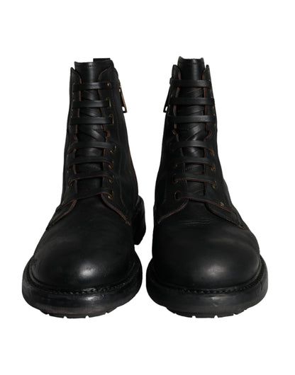 Dolce & Gabbana Black Lace Up Mid Calf Boots Men Shoes