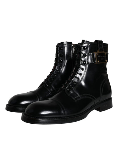 Dolce & Gabbana Black Logo Lace Up Mid Calf Men Boots Shoes Dolce & Gabbana