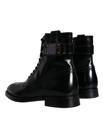 Dolce & Gabbana Black Logo Lace Up Mid Calf Men Boots Shoes Dolce & Gabbana