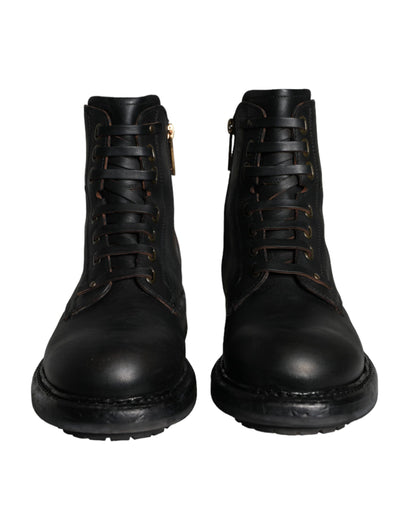 Dolce & Gabbana Black Lace Up Mid Calf Boots Men Shoes Dolce & Gabbana