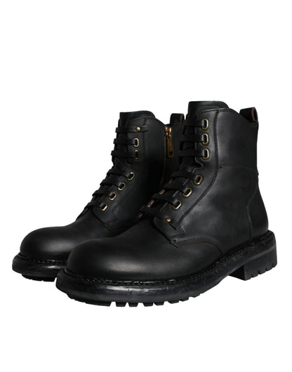 Dolce & Gabbana Black Lace Up Mid Calf Boots Men Shoes Dolce & Gabbana