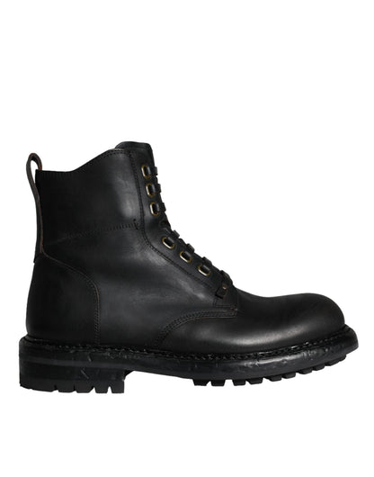 Dolce & Gabbana Black Lace Up Mid Calf Boots Men Shoes Dolce & Gabbana