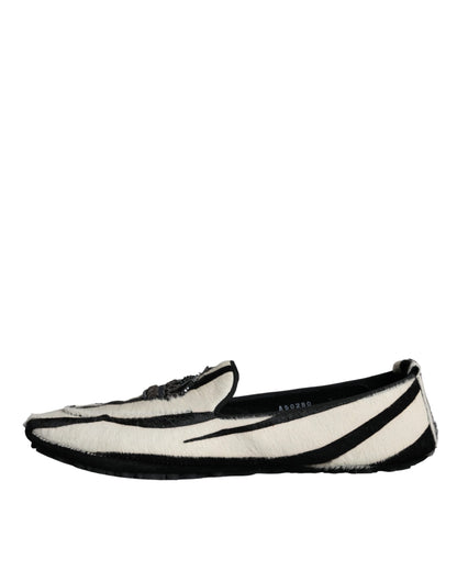 Dolce & Gabbana Black White Calf Fur Slip On Loafers Men Shoes Dolce & Gabbana