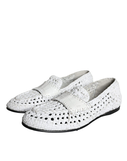 Dolce & Gabbana White Woven Leather Slip On Loafers Men Shoes Dolce & Gabbana