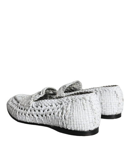 Dolce & Gabbana White Woven Leather Slip On Loafers Men Shoes Dolce & Gabbana