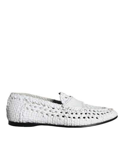 Dolce & Gabbana White Woven Leather Slip On Loafers Men Shoes Dolce & Gabbana