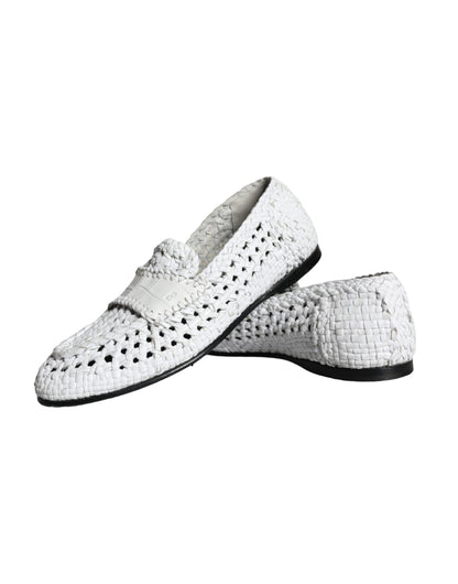 Dolce & Gabbana White Woven Leather Slip On Loafers Men Shoes Dolce & Gabbana