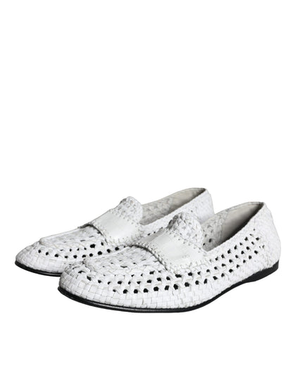 Dolce & Gabbana White Woven Leather Slip On Loafers Men Shoes Dolce & Gabbana