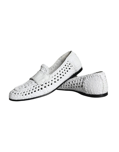 Dolce & Gabbana White Woven Leather Slip On Loafers Men Shoes Dolce & Gabbana