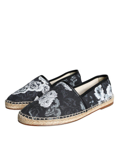 Dolce & Gabbana Black Floral Cotton Leather Espadrilles Shoes Dolce & Gabbana