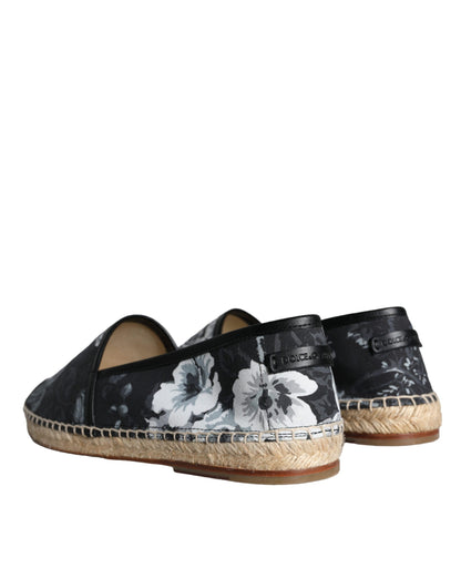 Dolce & Gabbana Black Floral Cotton Leather Espadrilles Shoes Dolce & Gabbana